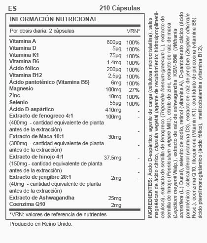 Tabla Nutricional de TestoMax 2.0 de la marca Nutravita