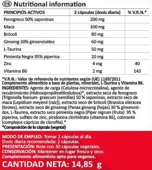 Tabla Nutricional de T-Power de la marca N2 Natural Nutrition