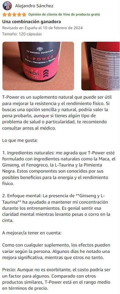 Ver mejor y más útil valoración de T-Power de la marca N2 Natural Nutrition en Amazon