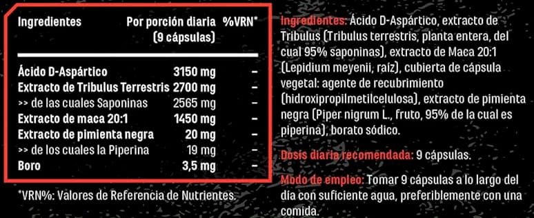 Tabla Nutricional de TESTO MAX de la marca GEN